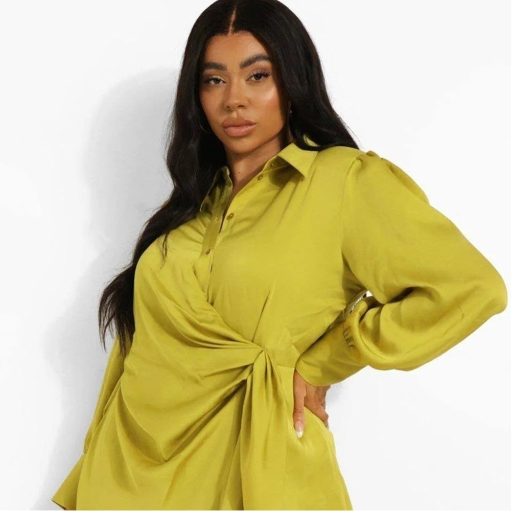 Boohoo Chartreuse Long Sleeve Wrap Dress - Picture 2 of 7